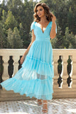 Sky Blue A-Line V Neck Tulle Prom Dress with Ruffles