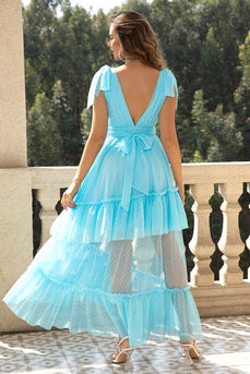 Sky Blue A-Line V Neck Tulle Prom Dress with Ruffles