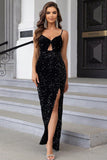 Black Mermaid Spaghetti Straps Sequin Prom Dress with Slit