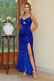 Black Mermaid Spaghetti Straps Sequin Prom Dress with Slit