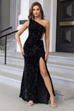 Black Mermaid One Shoulder Sequin Long Prom Dress with Slit