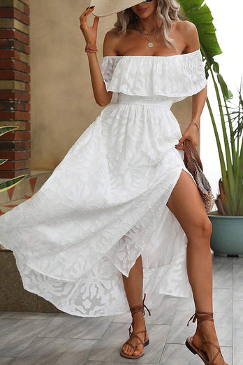 White A-Line Off The Shoulder Summer Dress With Slit