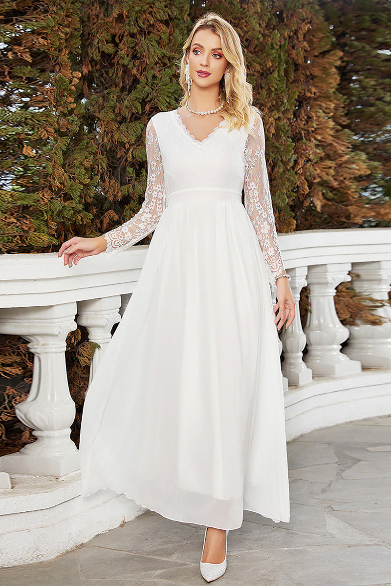 Load image into Gallery viewer, White A-Line V-Neck Chiffon Wedding Dress With Long Sleeves