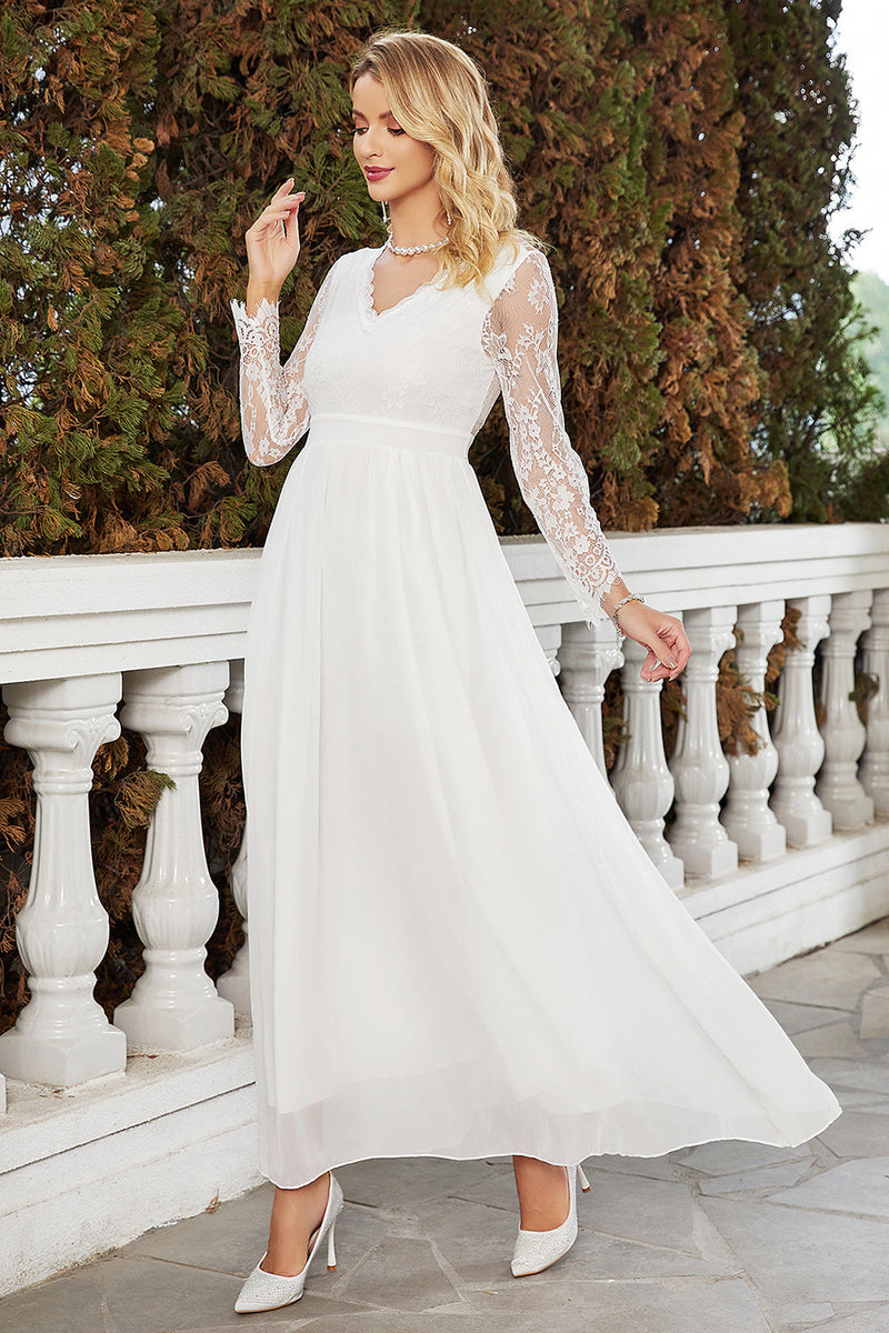 Load image into Gallery viewer, White A-Line V-Neck Chiffon Wedding Dress With Long Sleeves