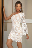 White Bodycon One Shoulder Lace Dress With Long Sleeves