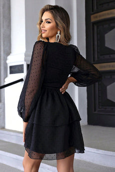 Black A-Line V-Neck Tiered Cocktail Dress With Long Sleeves