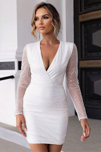 Sparkly White V-Neck Open Back Bodycon Dress With Long Sleeves