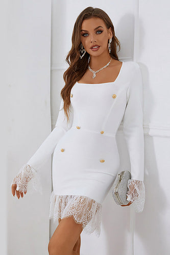 White Mermaid Square Neck Bodycon Dress With Long Sleeves