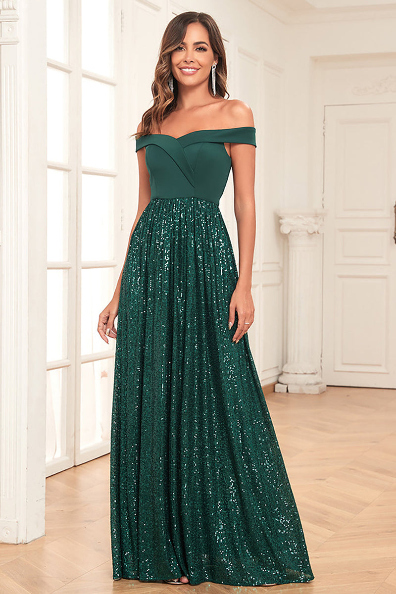 Load image into Gallery viewer, Dark Green A-Line Off The Shoulder Sequins Long Prom Dress