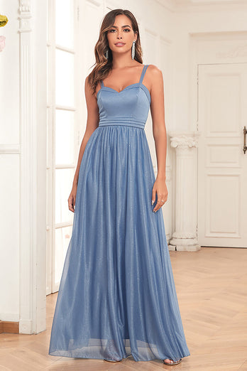 Blue A-Line Spaghetti Straps Long Prom Dress