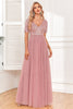 Load image into Gallery viewer, Dusty Rose A-Line V Neck Tulle Prom Dress with Short Sleeves