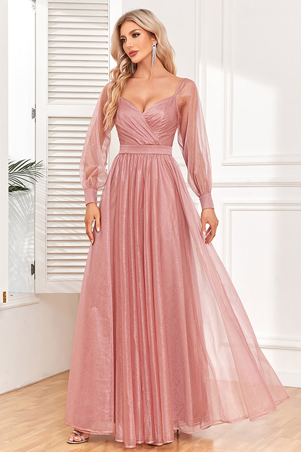 Dusty Rose A-Line Long Sleeves Prom Dress