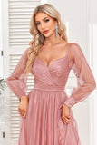 Dusty Rose A-Line Long Sleeves Prom Dress