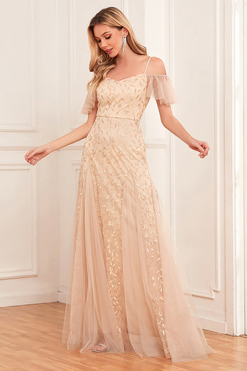 Champagne A-Line Cold Shoulder Long Prom Dress