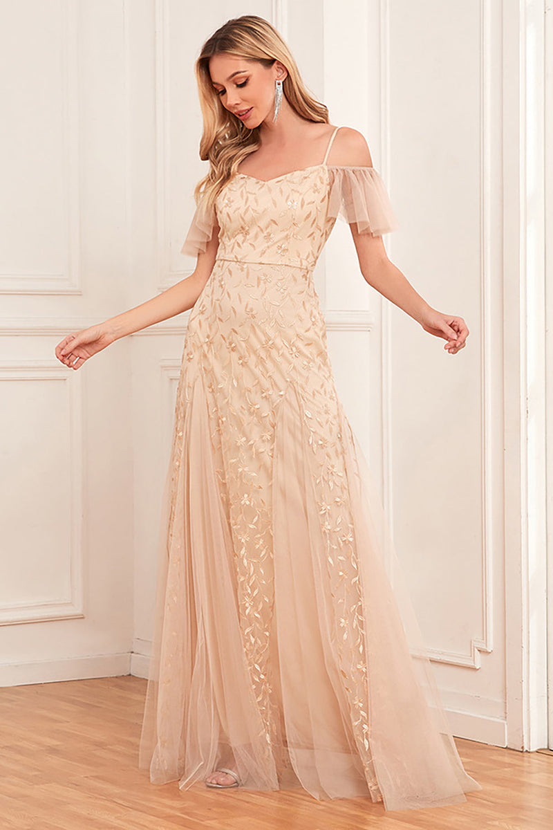 Load image into Gallery viewer, Champagne A-Line Cold Shoulder Long Prom Dress