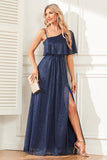 Sparkly A-Line Navy Prom Dress with Slit