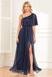 Sparkly A-Line Navy Prom Dress with Slit