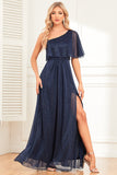 Sparkly A-Line Navy Prom Dress with Slit