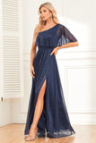 Sparkly A-Line Navy Prom Dress with Slit