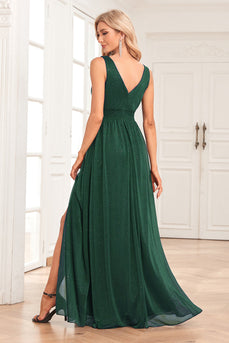 A-Line Sparkly V-Neck Dark Green Prom Dress with Slit