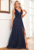 Load image into Gallery viewer, A-Line Sparkly V-Neck Dark Green Prom Dress with Slit