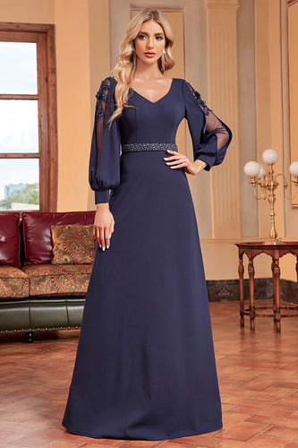 A-Line Long Sleeves Navy Mother of the Bride Dress with Beading