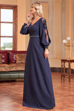 A-Line Long Sleeves Navy Mother of the Bride Dress with Beading