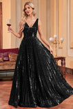 Sparkly A-Line Black Prom Dress with Sequins