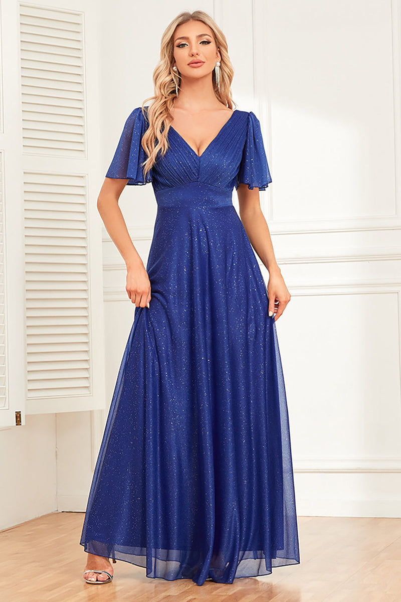 Load image into Gallery viewer, Sparkly Royal Blue A-Line V-Neck Long Prom Dress with Ruffles