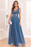 A-Line V-Neck Blue Prom Dress