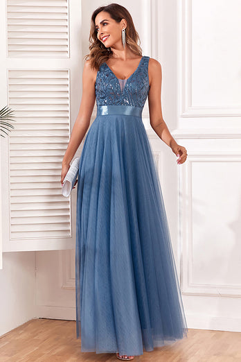 A-Line V-Neck Blue Prom Dress