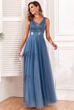 A-Line V-Neck Blue Prom Dress