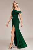 Glitter Dark Green Mermaid One Shoulder Long Prom Dress with Slit