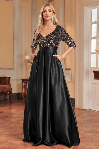 Black A-Line V Neck Sequins Short Sleeves Long Prom Dress