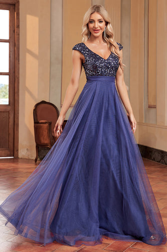Sparkly A-Line Grey Blue V Neck Long Prom Dress