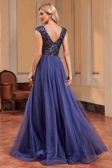 Sparkly A-Line Grey Blue V Neck Long Prom Dress