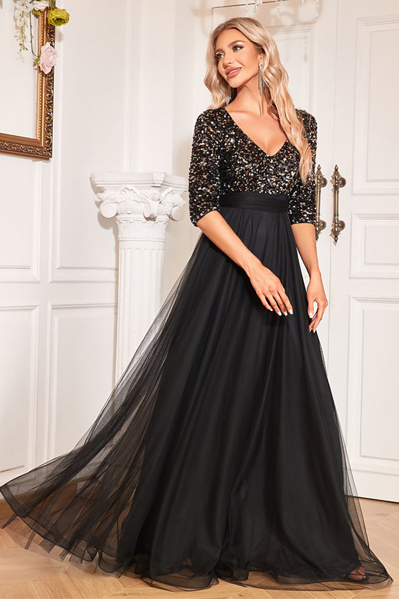 Load image into Gallery viewer, Black A-Line V Neck Short Sleeves Sequins Prom Dress