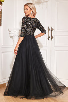 Black A-Line V Neck Short Sleeves Sequins Prom Dress