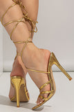 Golden Open Toe Stiletto Sandals with Lace-up