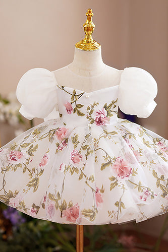White Flower Puff Sleeves A Line Tulle Girl Dress With Bow