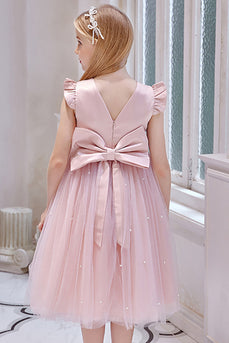 Blush Pink A Line Round Neck Sleeveless Girl Dress With Bow