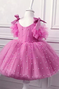 Fuchsia A Line Bowknot Girl Dress With Pearls