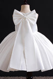 White A Line Pleated Satin Girl Dress With Bowknot