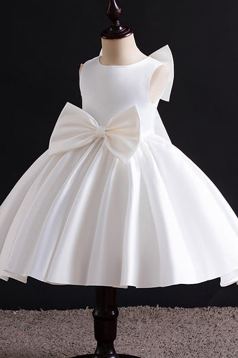 White A Line Pleated Satin Girl Dress With Bowknot
