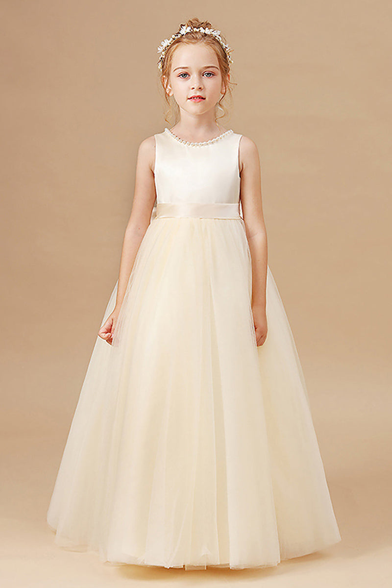 Load image into Gallery viewer, White A Line Sleeveless Bowknot Flower Girl Dress With Pearls