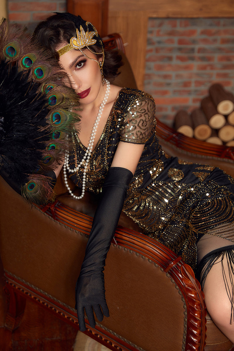 Load image into Gallery viewer, Black Golden Sequined 1920 Dress