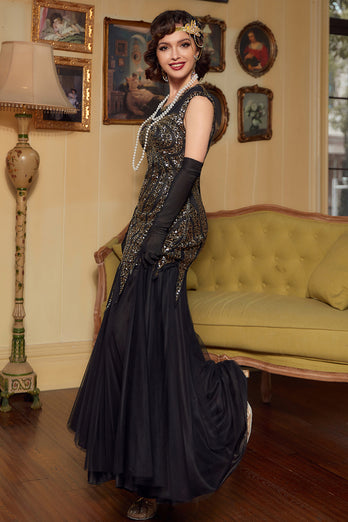 Black Silver Sequins Long 1920s Dress