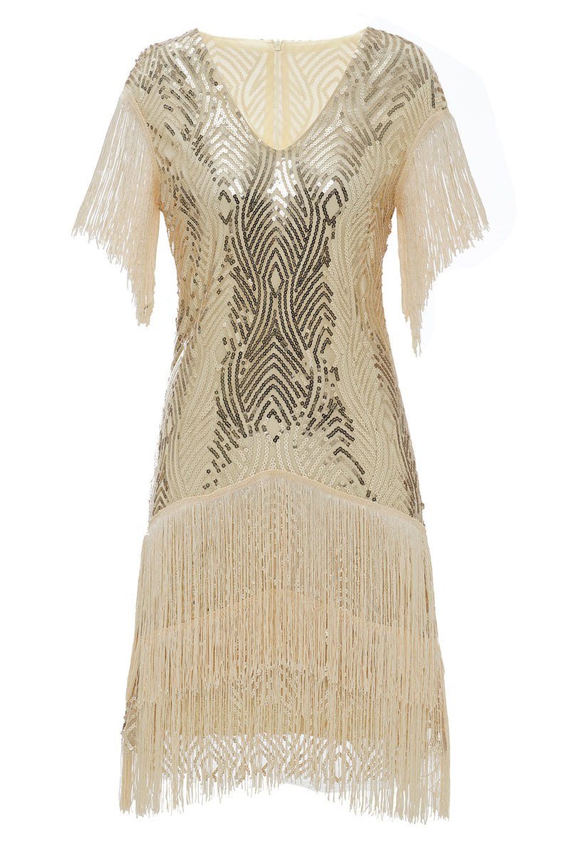 Load image into Gallery viewer, Black Golden 1920s Gatsby Dress with Fringes