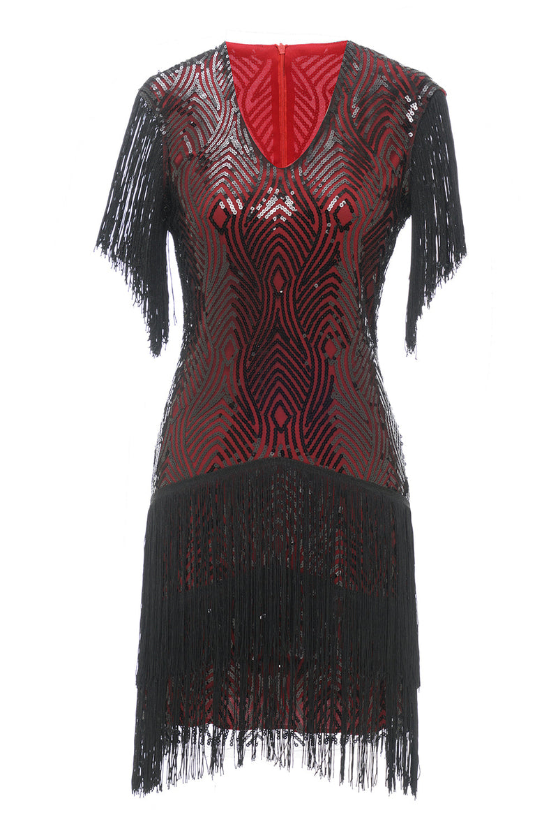 Load image into Gallery viewer, Black Red V Neck 1920s Gatsby Dress