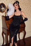 Black Spaghetti Straps Sequined 1920s Dress